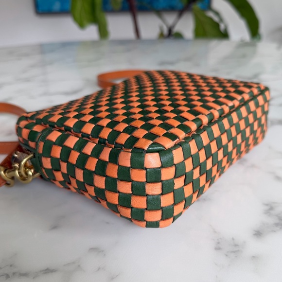 Clare V Midi Sac Safari Green & Coral Orange Woven Leather Checker Crossbody Bag - Picture 7 of 16